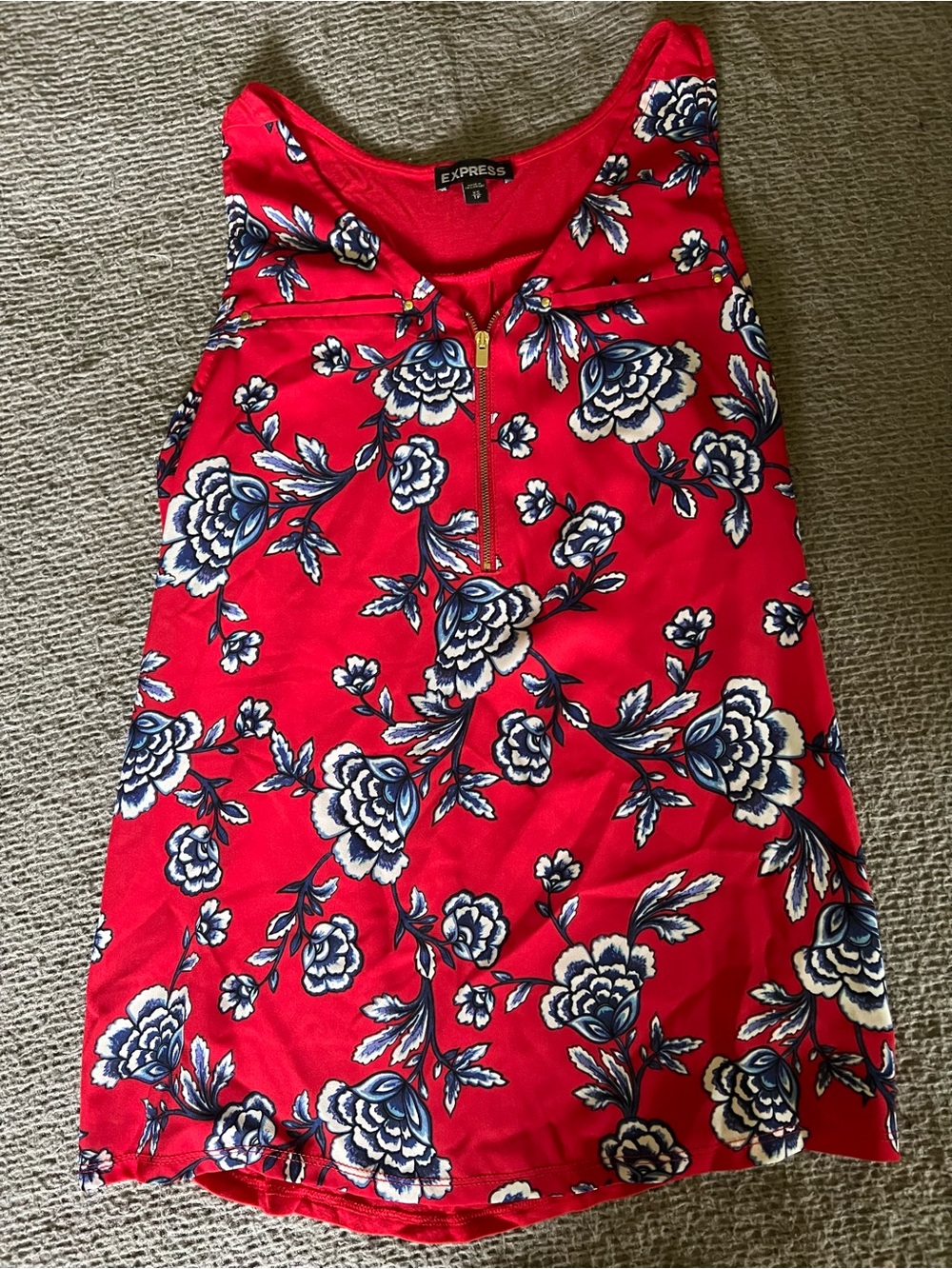 Express Hudson Tank zip front Red Floral Zip Tank with Navy & White Blossoms